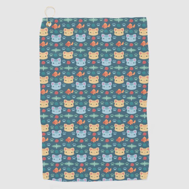 What's Cool, Kitty Cat in Blue and Yellow Golf Towel (Front)