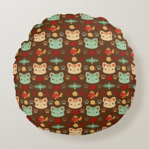 Whats Cool Kitty Cat in Earthy Colors Round Pillow