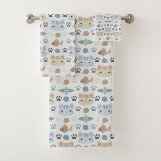 What's Cool, Kitty Cat in Gray and Beige Bath Towel Set (Insitu)