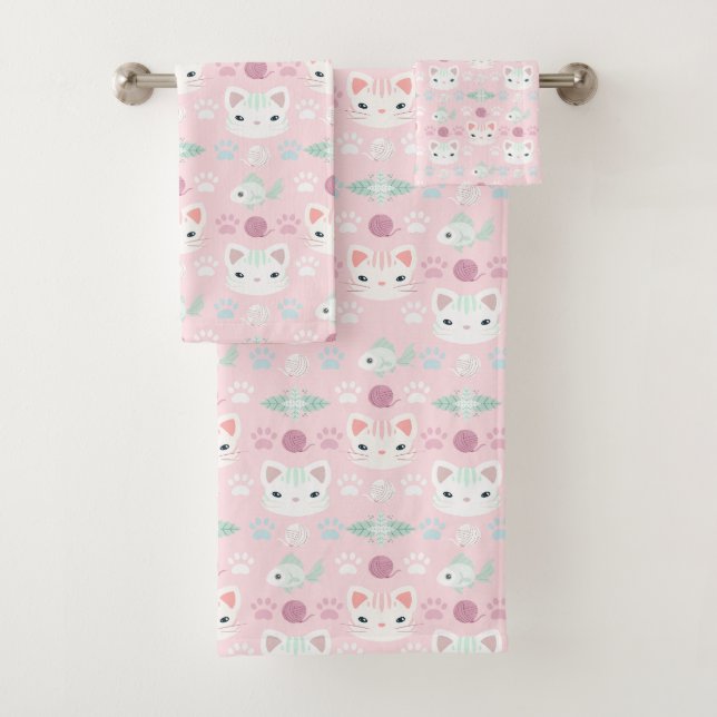What's Cool, Kitty Cat in Pink and Mint Bath Towel Set (Insitu)