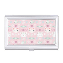 What&#39;s Cool, Kitty Cat in Pink and Mint Business Card Case