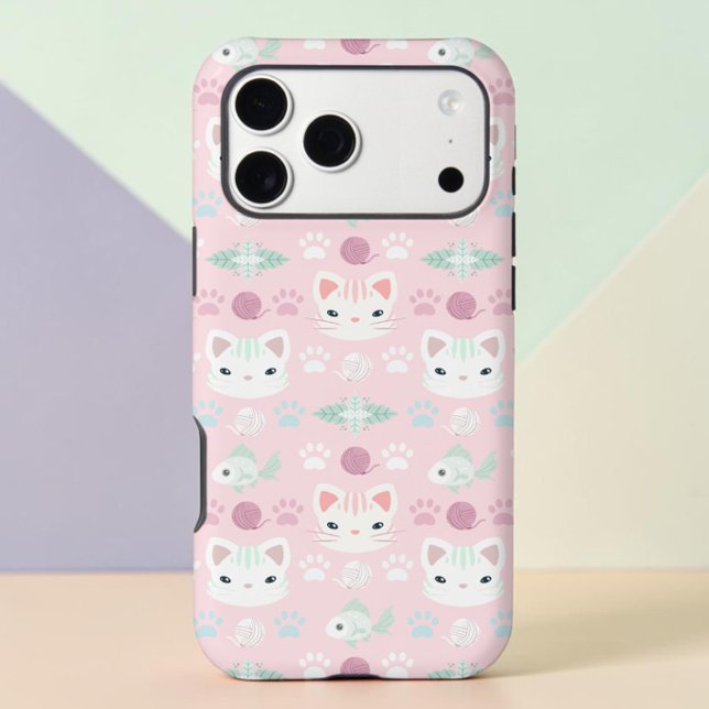 What's Cool, Kitty Cat in Pink and Mint Case-Mate  iPhone Case (iPhone case with pattern of illustrated kitty cat faces in pink and white with paw prints and fish)