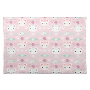 What's Cool, Kitty Cat in Pink and Mint Cloth Placemat
