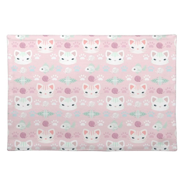What's Cool, Kitty Cat in Pink and Mint Cloth Placemat (Front)