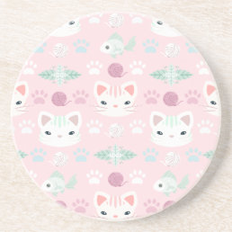 What&#39;s Cool, Kitty Cat in Pink and Mint Coaster