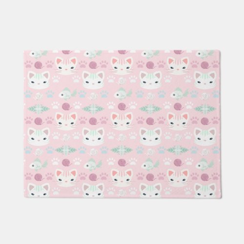 Whats Cool Kitty Cat in Pink and Mint Doormat