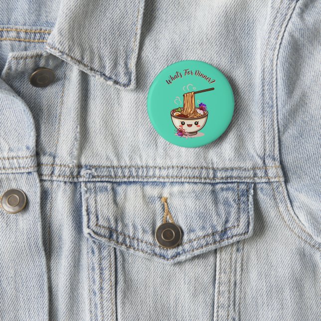 "What's For Dinner?" Mint Green Cute Ramen Bowl  Button (In Situ)