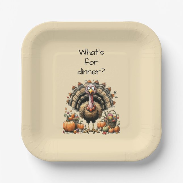 What's for dinner? Quirky Turkey Thanksgiving Paper Plates (Front)