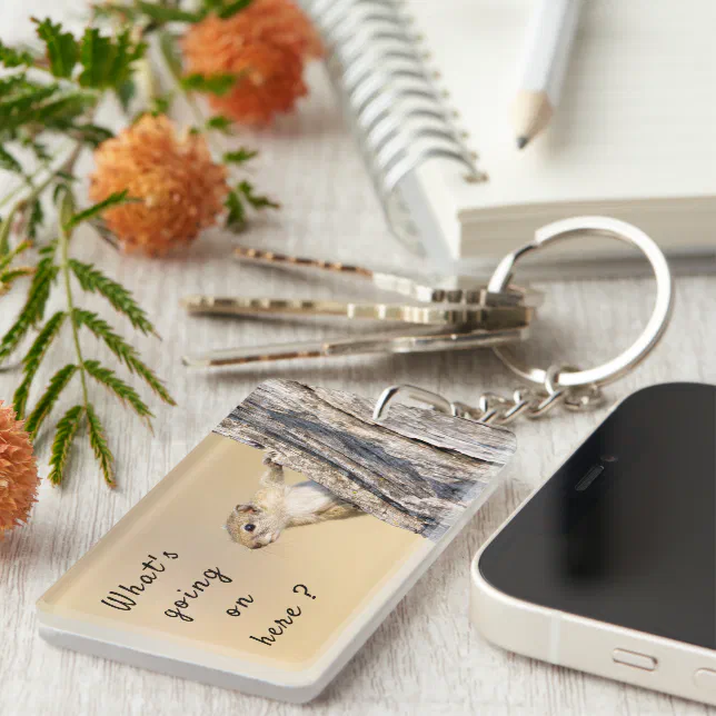 What's going on here squirrel photo with text keychain Zazzle