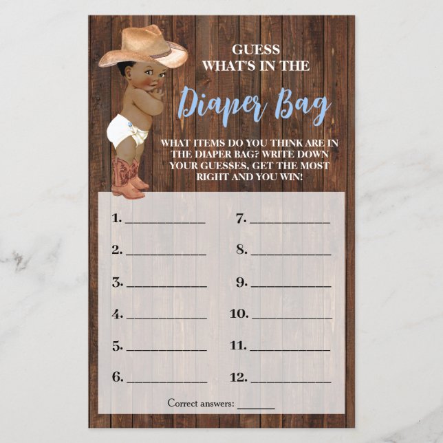 What's In Diaper Bag AA Cowboy Shower Game Card Flyer (Front)