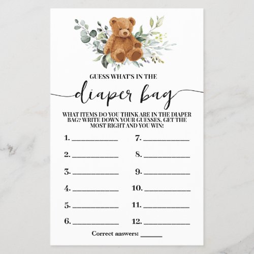 Whats In Diaper Bag Bear Greenery Shower Game Card Flyer