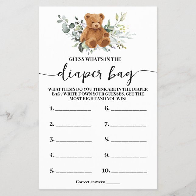 Whats In Diaper Bag Bear Greenery Shower Game Card Flyer (Front)