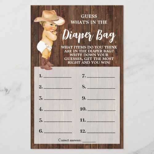 Whats In Diaper Bag Cowboy Baby Shower Game Card Flyer