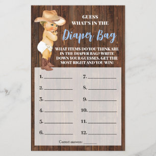 What's In Diaper Bag Cowboy Baby Shower Game Card Flyer