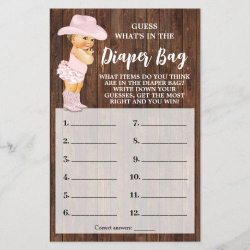 Whats In Diaper Bag Cowgirl Baby Shower Game Card Flyer