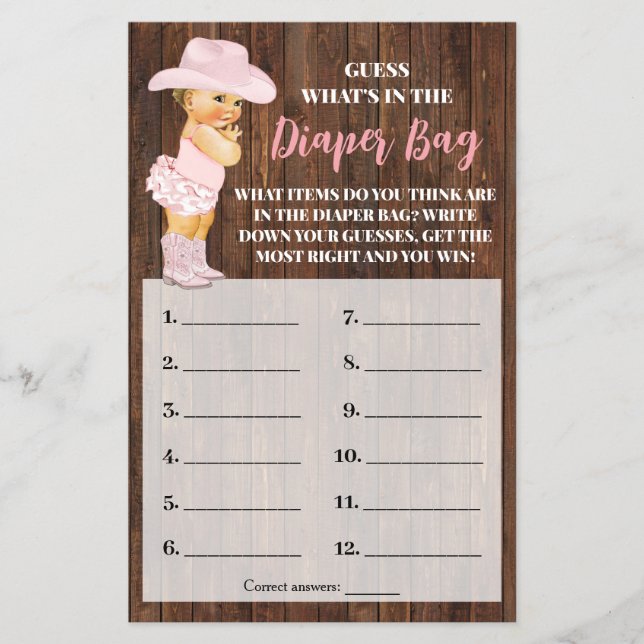 Whats In Diaper Bag Cowgirl Baby Shower Game Card Flyer (Front)