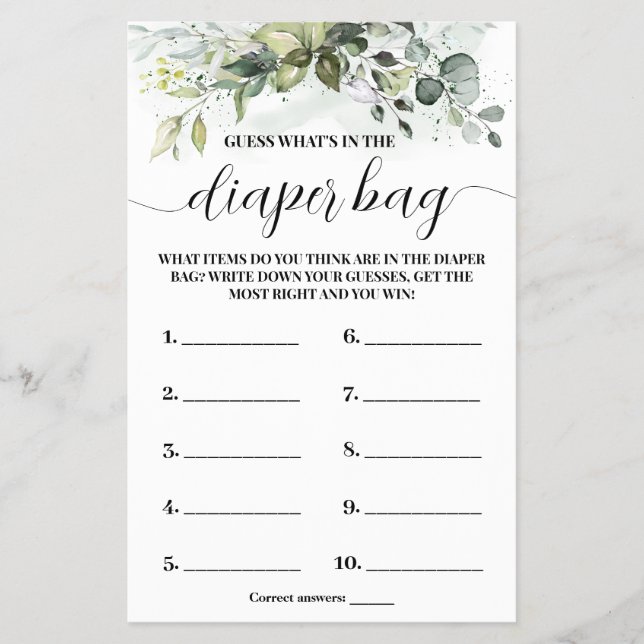 Whats In Diaper Bag Greenery Baby Shower Game Card Flyer (Front)