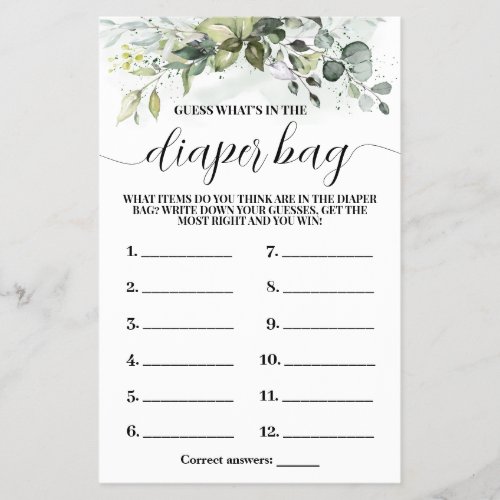Whats In Diaper Bag Greenery Baby Shower Game Card Flyer