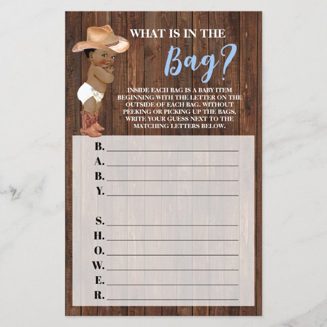 What's in the Bag AA Cowboy Baby Shower Game Card Flyer (Front)