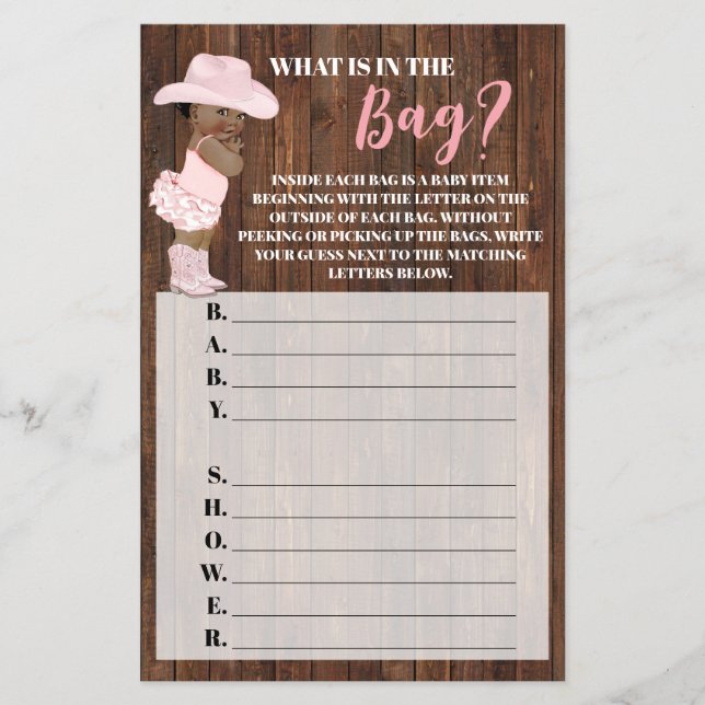 What's in the Bag AA Cowgirl Baby Shower Game card Flyer (Front)