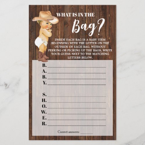 Whats in the Bag Cowboy Baby Shower Game card Flyer