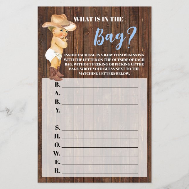 What's in the Bag Cowboy Baby Shower Game card Flyer (Front)