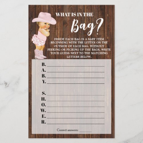 Whats in the Bag Cowgirl Baby Shower Game card Flyer