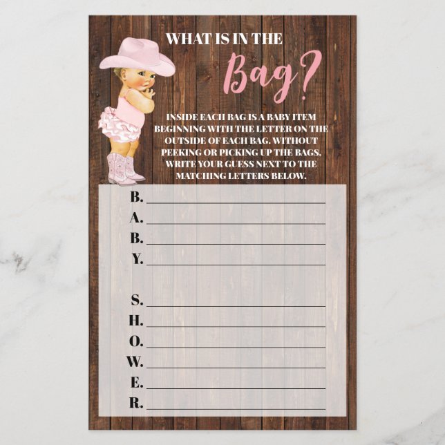 Whats in the Bag Cowgirl Baby Shower Game card Flyer (Front)