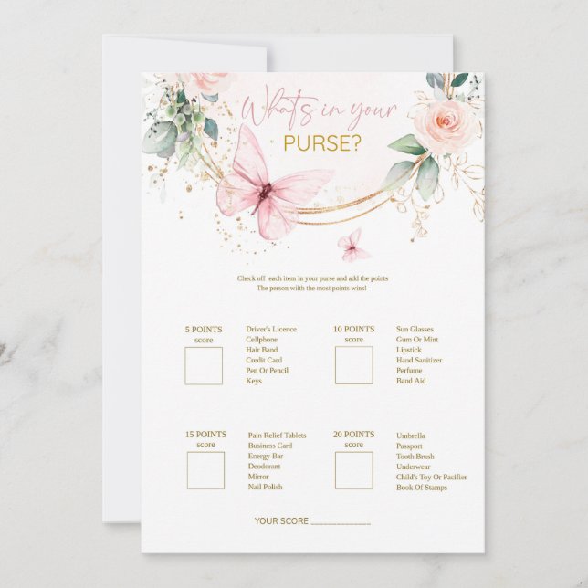 Whats in you purse Butterfly Wildflowers game Invitation (Front)