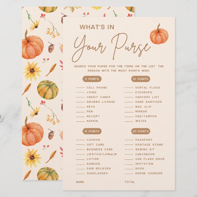What's in you purse Fall Pumpkin Baby Shower Game (Front/Back)
