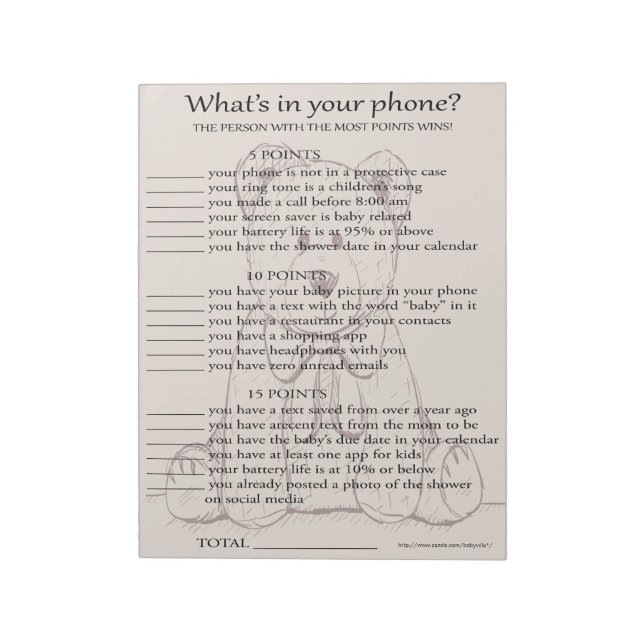 What's In Your Phone Baby Shower Game Notepad (Rotated)