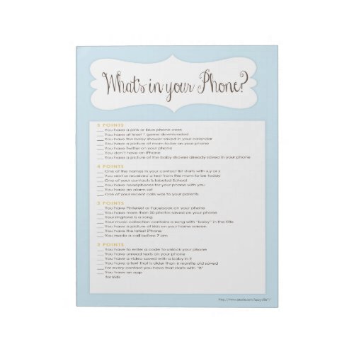 Whats In Your Phone Baby Shower Game Notepad Blue