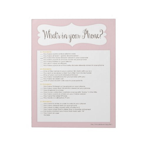 Whats In Your Phone Baby Shower Game Notepad Pink