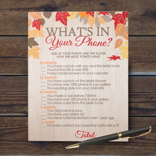 What's In Your Phone Fall Bridal Shower Game Notepad (What's in Your Phone Fall Bridal Shower Party Game. Comes in a pack of 40 easy tear away games!)