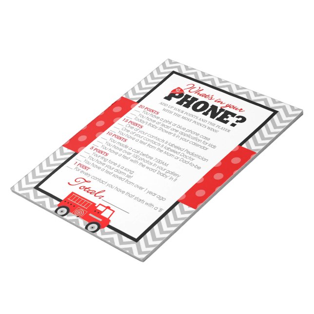 What's In Your Phone Firetruck Baby Shower Game Notepad (Angled)