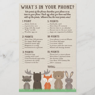What's in Your Phone Game for Woodland Baby Shower Flyer