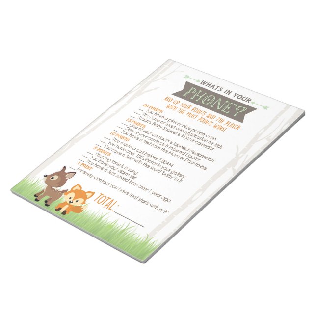 What's In Your Phone Woodland Baby Shower Game Notepad (Angled)