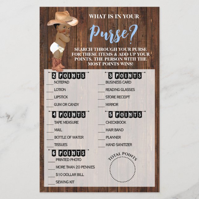 What's In Your Purse AA Cowboy Shower Game Card Flyer (Front)