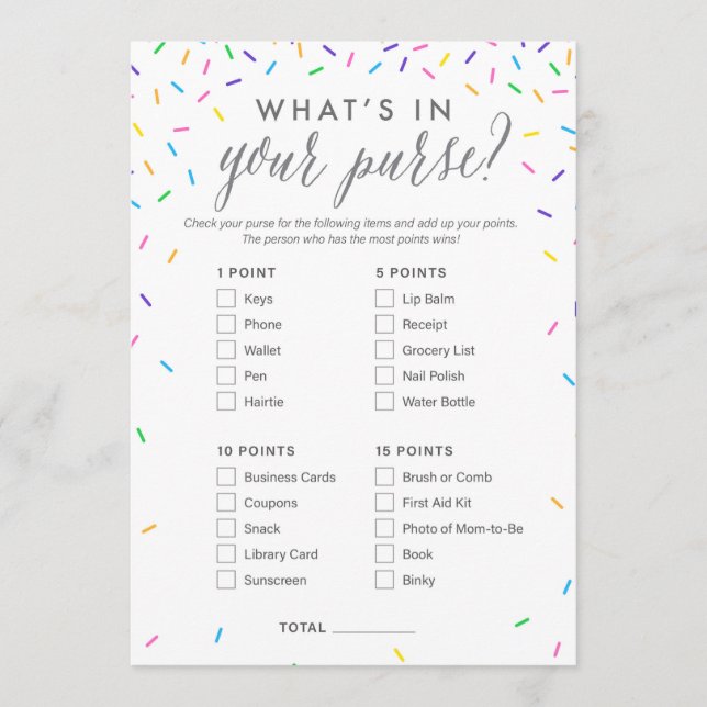 What's in Your Purse Baby Shower Game Card (Front)