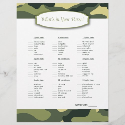 Whats in your purse baby shower game GREEN CAMO Flyer