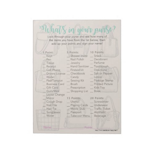 Whats In Your Purse Baby Shower Game Notepad