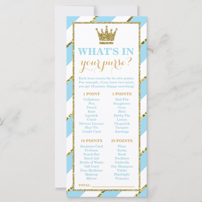 What's In Your Purse? Baby Shower Game, Prince (Front)