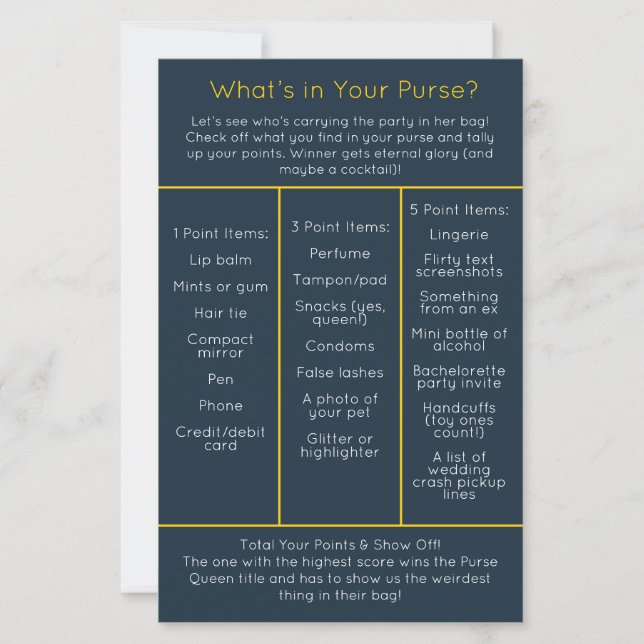 What's in Your Purse? Bachelorette Party Game (Front)