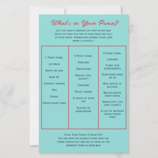 What's in Your Purse? Bachelorette Party Game (Front)