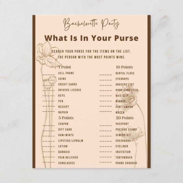 What's in Your Purse Bachelorette Party Game Enclosure Card (Front)