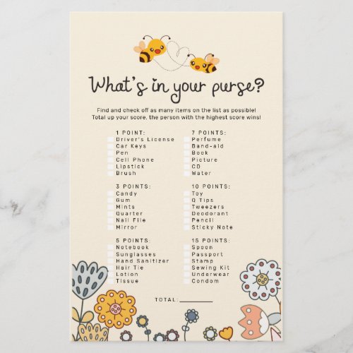 Whats in Your Purse Bee Baby Shower Game Cards