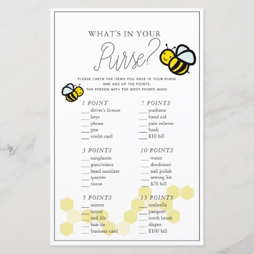 Whats in Your Purse Bee White Baby Shower Game