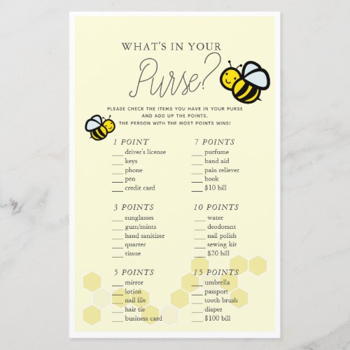 Whats in Your Purse Bee Yellow Baby Shower Game