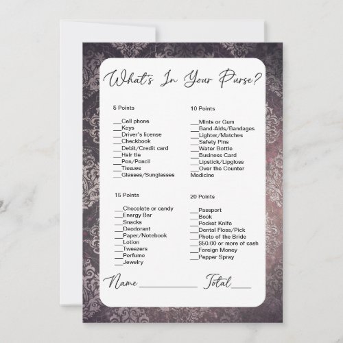 Whats In Your Purse Black  Damask Bridal Shower Invitation