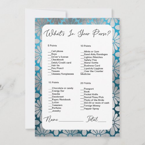 Whats In Your Purse Blue Floral Bridal Shower Invitation